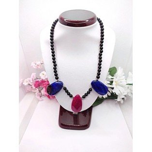 Blue & Pink Fire Agate & Onyx Necklace - 17.5 Inches Long